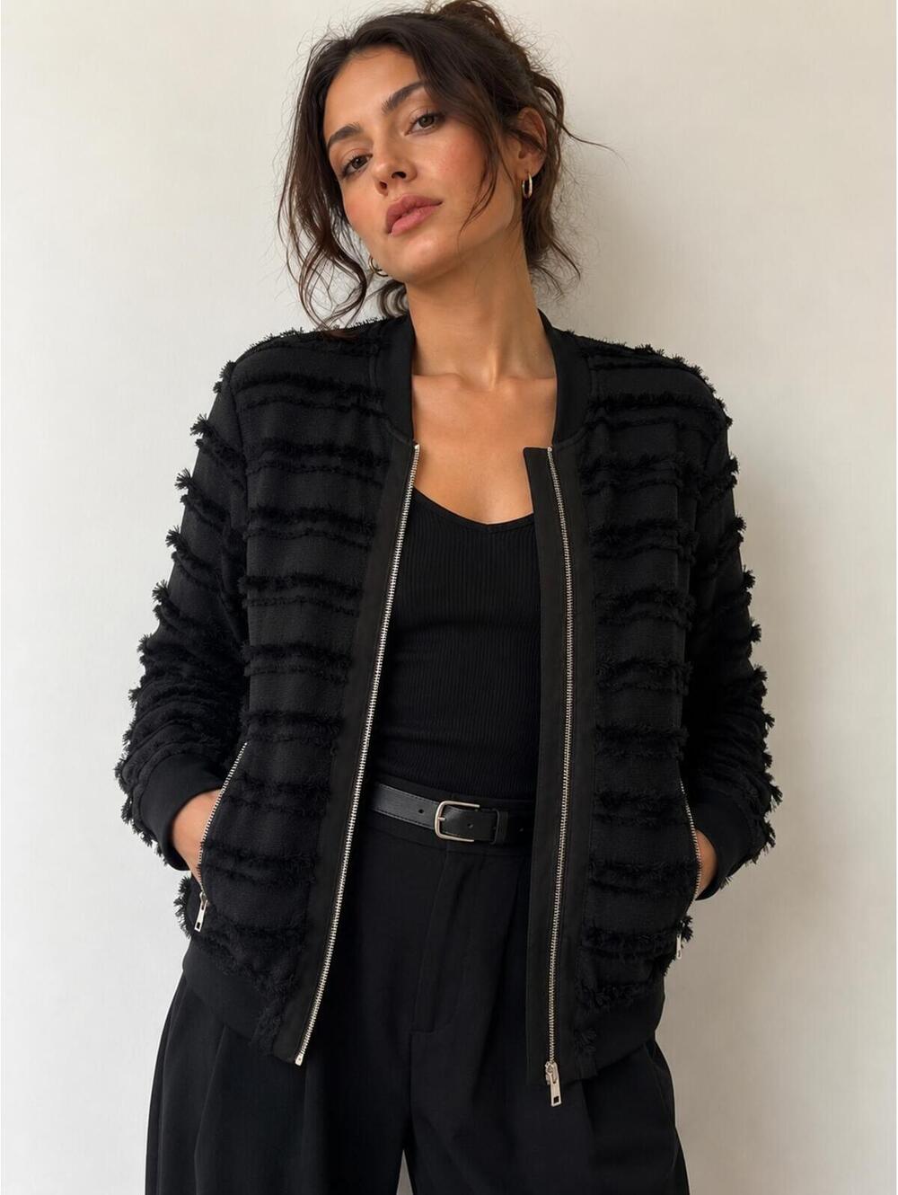 Current Air Black Fringe Textured Bomber Jacket Sz S Zip Front Editor Chic